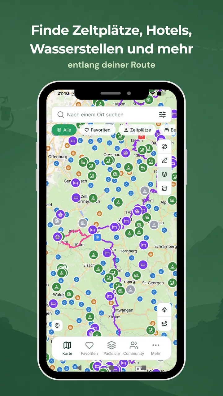 Finde Zeltplätze, Hotels und Wasserstellen entlang deiner Route – BikeTouri