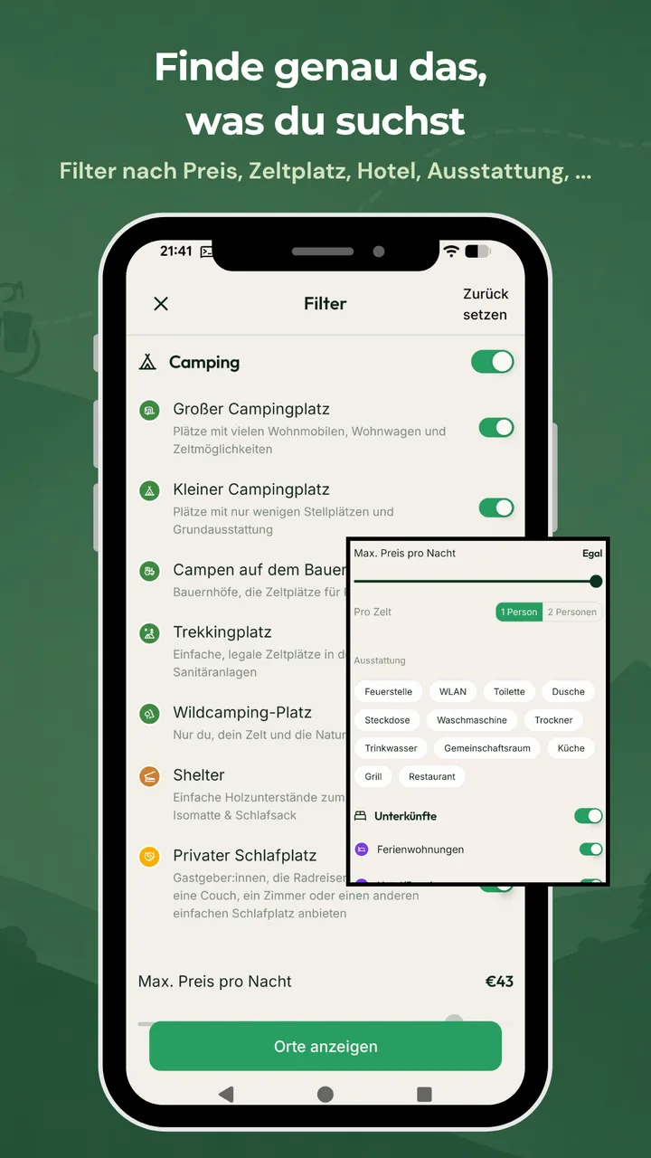 Filter nach Preis, Zeltplatz, Hotel und Ausstattung – BikeTouri